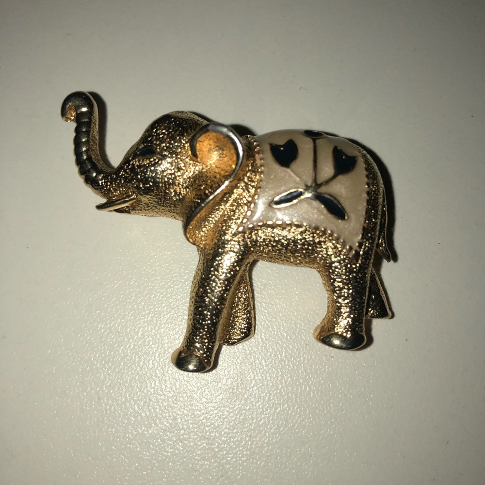 Vintage Elephant Brooch signed JOEL Textured Goldtone Floral Enamel Trunk Up